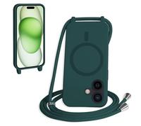 FMPCUON Magnétique Coque avec Cordon pour iPhone 16, [Compatible avec MagSafe] Etui Collier Réglable Téléphone Étui Portable Lanyard Case Protection Complète Cover,Vert