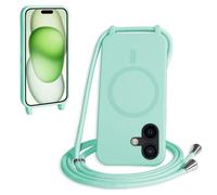 FMPCUON Magnétique Coque avec Cordon pour iPhone 16 Plus, [Compatible avec MagSafe] Etui Collier Réglable Téléphone Étui Portable Lanyard Case Protection Complète Cover,Vert Clair