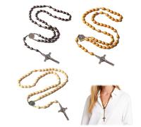 FMPXYYA Chapelet d'une Décennie en Perles de Bois en Bronze Antique, Miroir de Voiture de Poche Fait à la Main avec Médaille de Sainte et Croix de Jésus, Cadeau Spirituel et Élégant