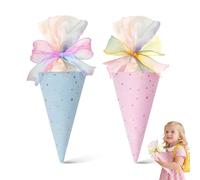 FMPXYYA Cornets Scolaires rentrée Scolaire Enfants 2 pièces Mini cônes 49cm Bleu et Rose avec nœuds pour frère et sœur Cadeau garçon Fille école Primaire