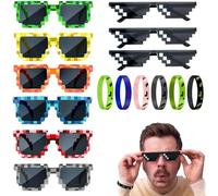 FMPXYYA Lunettes Pixel et Bracelets de Silicone - Kit de Fête à Thème Jeu Vidéo, 8 Lunettes Mosaïques, 3 Lunettes Pixel et 6 Bracelets, Parfait pour Anniversaire ou Soirée à Thème Minecraft