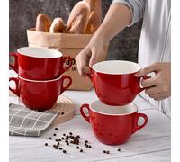 fMSDD Lot de 4 pots à soupe à l'oignon français faciles à transporter avec poignées, bols en céramique, pour riz, dessert, pâtes, lave-vaisselle, micro-ondes, four et gril, rouge