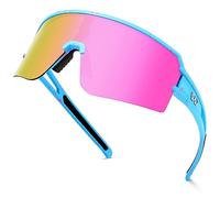 FMY Lunettes de soleil polarisées pour cyclisme, sport, protection UV400, baseball, course à pied, pêche, pour hommes, femmes, jeunes, Monture bleue et verres roses, Medium