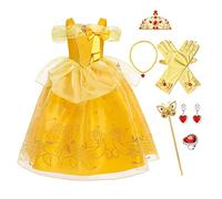 FMYFWY Costume de Carnaval Filles Princesse Robe de Belle Déguisements de la Beauté et la Bête Halloween Noël Robe de Anniversaire Soirée Cérémonie Robes avec Accessoires 10-11 ans