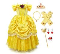 FMYFWY Costume de Carnaval Filles Princesse Robe de Belle Déguisements de la Beauté et la Bête Halloween Noël Robe de Anniversaire Soirée Cérémonie Robes avec Accessoires 12-13 ans