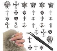 FMYODWU 64 pcs 3D Nail Jewellery Argent Chrome Metal Cross Nail Jewellery with Gothic Vintage Punk, Nail Decoration, Heart Skull Nail Art, 16 Styles with 1 Black Tweezer Tool