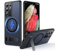 FNDMIL Coque pour Samsung Galaxy S21 Ultra avec MagSafe [Béquille Réglable][Charge en Position Debout][Militaire Antichoc] Pare-Chocs en Silicone Souple Mat Translucide pour S21 Ultra Mince, Noir