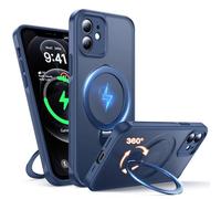 FNDMIL Support Magnétique à Rotation 360° Coque pour iPhone 12 Compatible avec Mag-Safe,Béquille Invisible,Protection Caméra,Antidérapant,Résistance Chocs Militaire,Mince Translucide Mat,Bleu
