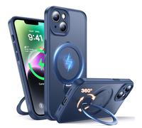 FNDMIL Support Magnétique à Rotation 360° Coque pour iPhone 14 Compatible avec Mag-Safe,Béquille Invisible,Protection Caméra,Antidérapant,Résistance Chocs Militaire,Mince Translucide Mat,Bleu