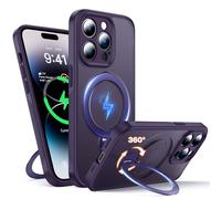 FNDMIL Support Magnétique à Rotation 360° Coque pour iPhone 14 Pro Compatible avec Mag-Safe,Béquille Invisible,Protection Caméra,Antidérapant,Résistance Chocs Militaire,Mince Translucide Mat,Violet