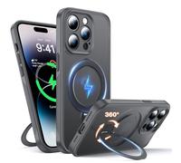 FNDMIL Support Magnétique à Rotation 360° Coque pour iPhone 14 Pro Max Compatible avec Mag-Safe,Béquille Invisible,Protection Caméra,Antidérapant,Résistance Chocs Militaire,Mince Translucide Mat,Gris