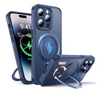 FNDMIL Support Magnétique à Rotation 360° Coque pour iPhone 14 Pro Max Compatible avec Mag-Safe,Béquille Invisible,Protection Caméra,Antidérapant,Résistance Chocs Militaire,Mince Translucide Mat,Bleu