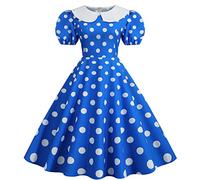 FNKDOR Robe de Cocktail Femme Vintage A-Line Robe Plissée au Genou Rétro Année 50s Pin-up Rockabilly Swing à Pois Chic Col Rond Manches Courtes Robe de Bal Soirée Fête Cérémonie(C Bleu,XXL)