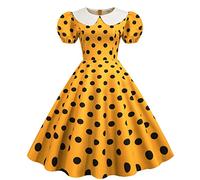 FNKDOR Robe de Cocktail Femme Vintage A-Line Robe Plissée au Genou Rétro Année 50s Pin-up Rockabilly Swing à Pois Chic Col Rond Manches Courtes Robe de Bal Soirée Fête Cérémonie(A Jaune,XXL)