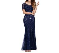 FNKDOR Robe de Soirée Longue Femme Slim Paillettes Tulle Maxi Robe Moulante à Manches Courtes Col Rond Chic et Élégante Robes de Cocktail Fête Cérémonie Anniversaire Bal Mariage(Marine,L)