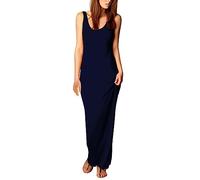 FNKDOR Robe D'été Femme Couleur Unie sans Manche Longue Robe Débardeurs Décontractée Col Rond Robe Maxi Élégant Slim Fit Robe Moulante Chic Robe de Soirée Vacances Robe de Plage(B Marine,3XL)