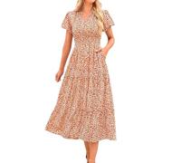 FNKDOR Robe D'été Femme Imprimé Boho Longue Robe de Plage Fluide Plissée A-Line Robe de Soirée Manchon à Bulles Courte Robe de Vacances Taille Haute Col en V Robe Maxi avec Poches(Orange,S)