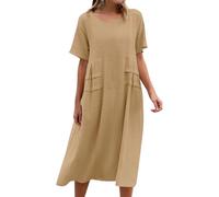 FNKDOR Robe D'été Femme Vintage Midi Robe en Coton et Lin Plissé A-Line Robes de Plage Vacances Grande Taille Ample Casual Tunique Robes Décontractée à Manches Courtes Col Rond(B Jaune,XL)