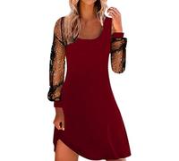 FNKDOR Robe Femme Chic et Elegant Robe Col en V Dentelle Transparente Manches Longues Robe Paillette Courte Robe Moulante Cocktail Clubbing Robe de Soiree Festive Party 2025(Vin,XL)