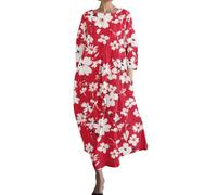 FNKDOR Robe Longue Femme Vintage Imprimé Floral Robe de Plage Vacances Grande Taille Ample Robes Décontractée à Manches 3/4 Plissée A-Line Robe de Soirée Robes Casual avec Poches(K Rouge,M)