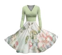 FNKDOR Robe Longue Femme Vintage Imprimé Floral Robe de Soirée Chic Col en V Swing Robe de Cocktail Automne Hiver Robe Plissée à Manches Longues Slim Élégant Robe de Plage Vacances(A Vert,L)