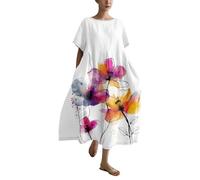 FNKDOR Robes Coton et Lin Vintage Imprimé Floral Bohème Robe de Plage Col Rond Robes Décontractée à Manches Courtes Grande Taille A-Line Robe D'été Casual Robe de Vacances Fête(F Violet,3XL)