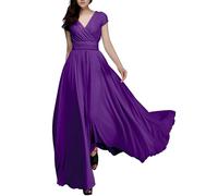 FNKDOR Robes de Soirée Longue Femme Manches Courtes Col V Robe Mariage Invitée Plissé A Line Robe de Demoiselle d'honneur Élégant Taille Empire Robes de Cocktail Bal Cérémonie(B PP1,L)
