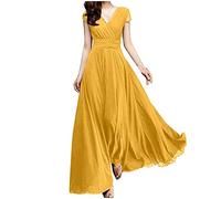 FNKDOR Robes de Soirée Longue Femme Manches Courtes Col V Robe Mariage Invitée Plissé A Line Robe de Demoiselle d'honneur Élégant Taille Empire Robes de Cocktail Bal Cérémonie(A Jaune,M)