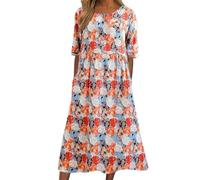 FNKDOR Robes Longue D'été Femme Vintage Imprimé Floral Robe Boheme à Manches Courtes Col en V Fluide Plissé A-Line Robes de Plage Vacances Chic et Elegant Midi Robe avec Poches(B Orange,XXL)