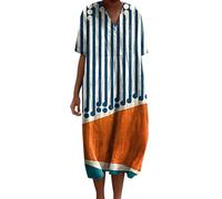 FNKDOR Robes Longue D'été Femme Vintage Imprimé Robe Décontractée à Manches Courtes Col en V A-Line Midi Robes de Plage Vacances Ample Casual Tunique Robe avec Poches(C Orange,XL)