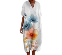 FNKDOR Robes Longue D'été Femme Vintage Imprimé Robe Décontractée à Manches Courtes Col en V A-Line Midi Robes de Plage Vacances Ample Casual Tunique Robe avec Poches(E Orange,S)