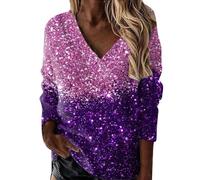 FNKDOR Sweats Femme Imprimé Ciel Étoilé Pailleté Sweatshirts Chic Col en V Pullover Top Printemps Automne T-Shirts à Manches Longues Décontractée Lâché Tunique Haut Blouses(A Rose,XXL)