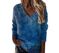 FNKDOR Sweats Femme Imprimé Ciel Étoilé Pailleté Sweatshirts Chic Col en V Pullover Top Printemps Automne T-Shirts à Manches Longues Décontractée Lâché Tunique Haut Blouses(C Bleu foncé,XXL)