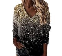 FNKDOR Sweats Femme Imprimé Ciel Étoilé Pailleté Sweatshirts Chic Col en V Pullover Top Printemps Automne T-Shirts à Manches Longues Décontractée Lâché Tunique Haut Blouses(D Or,S)