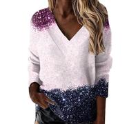 FNKDOR Sweats Femme Imprimé Ciel Étoilé Pailleté Sweatshirts Chic Col en V Pullover Top Printemps Automne T-Shirts à Manches Longues Décontractée Lâché Tunique Haut Blouses(A Blanc,S)