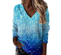 FNKDOR Sweats Femme Imprimé Ciel Étoilé Pailleté Sweatshirts Chic Col en V Pullover Top Printemps Automne T-Shirts à Manches Longues Décontractée Lâché Tunique Haut Blouses(C Bleu Ciel,L)