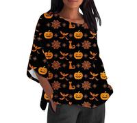 FNKDOR T-Shirts Femme Imprimé Halloween Chemisiers Chic Col Rond Blouses Tee-Shirt à Manches 3/4 Grande Taille Lâché Haut Ourlet Irrégulier Tunique Tops(A Le Noir,M)