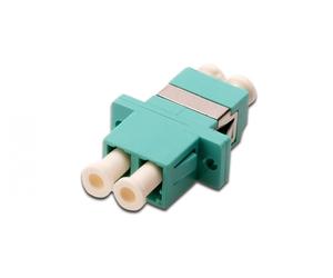 FO coupler, duplex, LC to LC, MM, color aqua, OM3 ceramic sleeve, polymer housing, incl. screws
