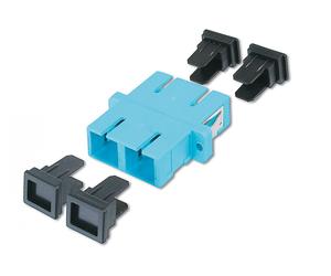 FO coupler, duplex, SC to SC, MM OM3, color aqua ceramic sleeve, polymer housing, incl. screws