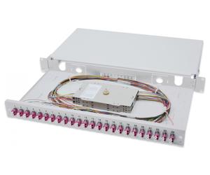 FO splice box, 1U, equipped, 24x LC DX, OM4 incl. splice cassette, colored pigtails, couplers