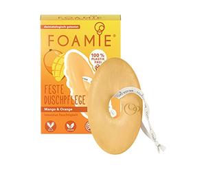 Foamie Gel douche ferme à la mangue et à l'orange, soin de douche fruité pour peau sèche avec effet massant, douche fixe, 100% végétalien, sans plastique, sans silicone, 80 g