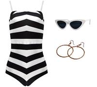Foanja Déguisement Barbies Maillots de Bain Femme Cosplay Barbies Sexy Vintage Rayures Noir Blanc Maillot de Bain une Pièce Bikini et Accessoires Outfit pour Halloween Carnaval Beach Pool Fête Costume