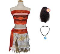 Foanja Déguisement Moana Femme Cosplay Aventure Princesse Vaiana Outfit avec Collier et Perruque pour Dress up Halloween Carnaval Anniversaire Fête Mascarade Fancy Costume