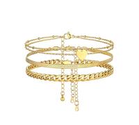 FOCALOOK 3 Pièces de Bracelet Cheville en Acier Inoxydable - Maille Gourmette 5mm, Maille Mirroir 3mm et Double Chaîne avec Coeur
