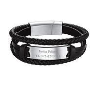 FOCALOOK Bracelet Multirang Homme Personnalisé en Cuir Tressé Noir 19cm