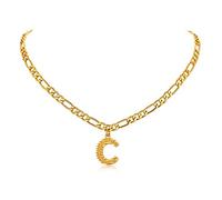 FOCALOOK Collier Court Femme Lettre C Plaqué Or Chaîne Figaro 45cm/4.5mm Pendentif Initiale Capitale Choker Fille