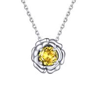 FOCALOOK Collier Femme Pendentif Fleur Rose en Argent 925 Orné Pierre de Naissance de Novembre Topaze Bleue d'Imitation avec Chaîne de 50cm
