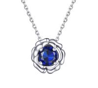 FOCALOOK Collier Femme Rose en Argent 925 Serti de Pierre de Naissance de Septembre, Chaîne avec Pendentif Orné de Saphir Bleu d'Imitation