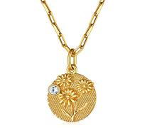 FOCALOOK Collier Fleur de Naissance Avril Femme Plaqué Or, Pendentif Plaque Ronde avec Motif Marguerite et Diamant Synthétique