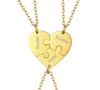 FOCALOOK Collier Pendentif Coeur BFF d'Amitié Prénom Personnalisé Femme Plaqué Or Puzzle Pour 3 Nom Colliers Gravure Bijou Cadeau Noel Fetes des Meres Maman Grand Meres